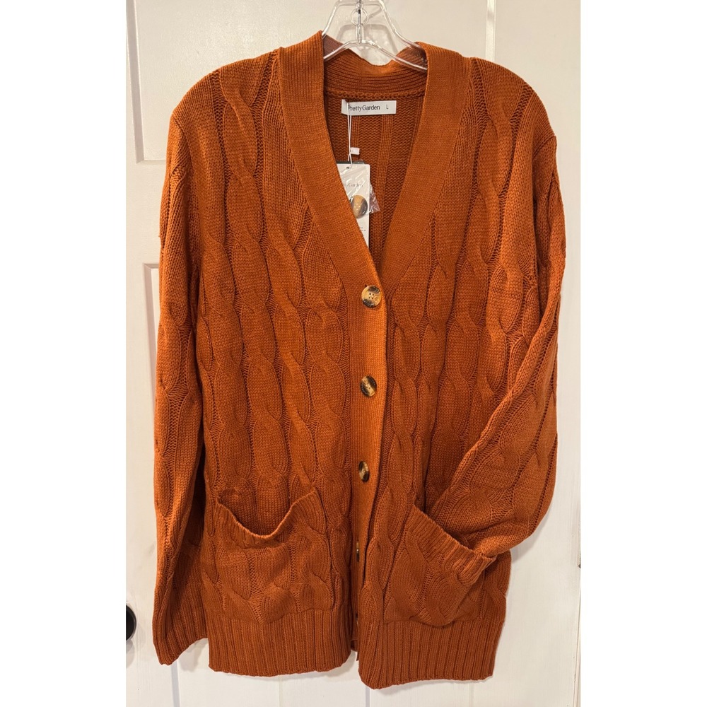 PrettyGarden Womens Burnt Orange Cable Knit Cardigan Sweater Pockets L NEW